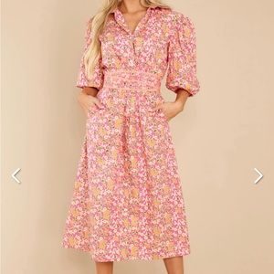 Olivia James the Label size L pink floral button down dress puff sleeve w/ belt